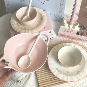 TEMU 7피스 귀여운 세라믹 식기 세트 - 블루 & 스노우 또는 핑크 보우타이 접시, 보우형 그릇 - 식기세척기/전자레인지/오븐 안전 도자기 식기 - 샐러드, 밥, 국수, 파스타, 스테이크, 아침식사, 오트밀에 적합한 모던 접시 - 크리스마스/생일 선물