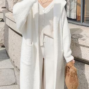 TEMU 여성용 우아한 후드 긴팔 가디건 - 포켓이 있는 부드러운 겨울 코트, H라인 실루엣, 중간 정도 신축성 있는 원단, 가을/겨울에 적합, 캐주얼 & 포멀, 겨울용 가디건, 겨울 의류, 포멀 겨울 의상, H라인 실루엣