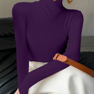 TEMU 여성용 우아한 퍼플 크로스넥 긴팔 풀오버 티셔츠, 신축성 좋은 편안한 핏, 캐주얼 편안한 사계절용