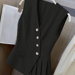 TEMU 우아한 단색 여성 조끼 | 패셔너블한 비대칭 플리츠 V넥 버튼 디테일, 사계절 및 특별한 날에 이상적