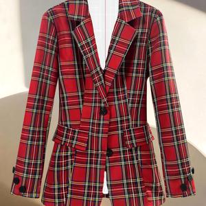 TEMU 여성용 캐주얼 크리스마스 체크무늬 싱글브레스트 슬림핏 긴팔 , 봄과 여름용