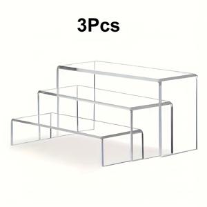 TEMU 모던 U자형 진열대 3개 세트, 이중 선반 포함 - 견고한 아크릴 소재, 가정, 사무실, 살롱용, 조립 불필요, 인형, 화장품용 슬라이드식 선반, 경량 투명 선반, 스탠딩 선반