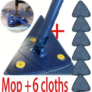 TEMU 회전형 삼각 걸레, 교체용 걸레 천 6개 포함 - 조절 및 확장 가능, 모든 표면에 적합한 파란색 및 노란색 디자인, 가정용, 주방, 욕실, 침실, 거실, 바닥 걸레, 욕실 청소에 이상적, 모던 걸레 디자인