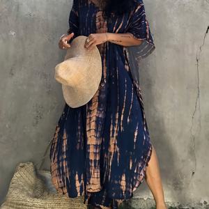 TEMU 플러스 사이즈 타이 다이 패턴 카프탄 드레스, 우아한 V넥 박쥐소매 드레스, 여성 플러스 사이즈 의류