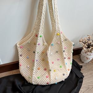 TEMU 여성용 게으른 해변 휴가 직조 가방, 여름 진주 속이 빈 겨드랑이 가방, 대용량 출퇴근 숄더 토트백.