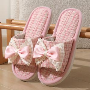 TEMU 봄가을 남녀공용 귀여운 레이스 리본 슬리퍼, 사계절 겨울 여성 실내화, 패셔너블 홈 슬리퍼, 여성 신발