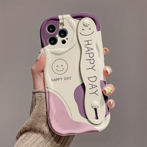 TEMU 휴대폰 케이스 - 흰색과 보라색의 듀얼 톤 스마일리 페이스 휴대폰 케이스, 손목 지지대 포함, 디자인, iPhone 16/16Plus/16Pro/16Promax/15/15Plus/15Promax/14/14Plus/14Pro/14Promax, 13/13Pro/13Promax, 12/12Pro/12Promax 호환