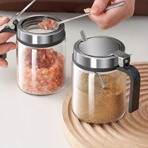 TEMU 설탕과 소금 용기, 뚜껑이 있는 유리병과 스푼 포함 - 양념, 커피, 설탕 큐브, 향신료 보관용 투명 유리 병 (소금, 설탕, 후추 등 저장 및 보관용)