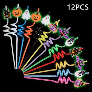 TEMU 12개 글로우-인-더-다크 할로윈 테마 스트로우, 재사용 가능한 내구성 PET 재질, 생일 파티, 할로윈 고스트 파티 선물용 박쥐, 해골, 호박, 거미 마녀 디자인