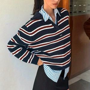 TEMU 스프링 신상 여성 캐주얼 스타일리시 대학생 스타일 클래식 폴로 칼라 컬러 블록 풀오버 긴팔 스웨터, 레트로하면서 트렌디함, 몸매를 부드럽게 감싸는 루즈핏, 발렌타인데이 의상 및 일상적인 캐주얼 외출에 적합