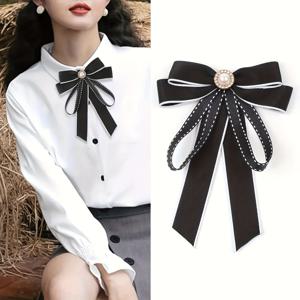 TEMU 대형 나비 디자인의 블랙 무광 리본 넥타이 브로치, 인조 진주 장식, 세련되고 다재다능한 대학 스타일 액세서리로 완벽