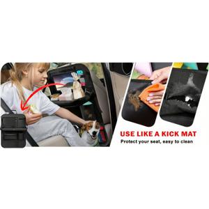 TEMU 접이식 테이블 트레이, 수납 포켓, 태블릿 홀더, 킥 매트가 있는 차량 뒷좌석 정리함 - SUV, 트럭, 밴에 적합한 내구성 좋은 폴리에스터 여행 액세서리 (블랙), 차량 시트 뒷면 보호대, 차량 정리, 기능성 디자인