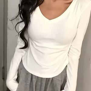 TEMU 달콤하고 매콤한 여성용 화이트 숄더핏 티셔츠, 봄가을 로우넥 슬림핏 베이스 레이어, 롱슬리브 V넥 탑