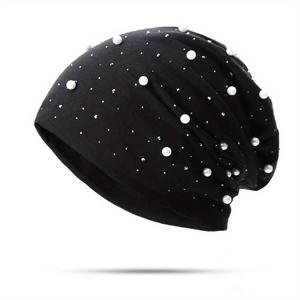TEMU 가짜 진주 장식 비니 솔리드 컬러 탄성 해골 모자 여성 Slouchy 헐렁한 모자 Soft Beanies Chemo Cap