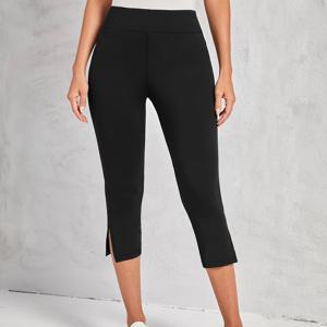 TEMU 여성용 고탄력 스플릿 카프리 팬츠 사이드 슬릿 디테일 - 부드럽고 편안한 타이트핏 피트니스 바지, 봄 여름 가을용 기계 세탁 가능 솔리드 컬러 캡리 레깅스