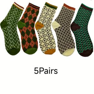 TEMU 여성용 미드캘프 양말 - 예술적인 체크무늬 & 프린트 복고풍 디자인, 부드러운 폴리에스터 사계절 캐주얼 아웃도어 양말, 세탁기 사용 가능 혼합 색상, 귀여운 양말