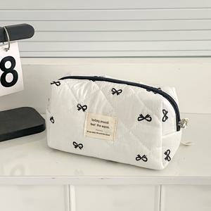 TEMU 스위트 리본 팔각형 메이크업 가방, 한국 스타일 인스 펜슬 케이스, 대용량 데스크탑 문구 상자, 새로운 고가의 수납 가방, 펜슬 케이스, 스타일리시한 여행용 휴대용 세면도구 수납 가방