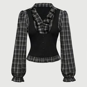 TEMU 고딕 가을 여성 드레스, 돌아오는 가을을 위한 고딕 스타일 체크 패치워크 여성용 긴팔 셔츠