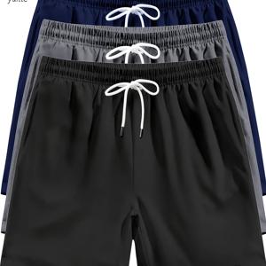 TEMU 3색 PC 블랙 그레이 네이비 남성용 캐주얼 루즈핏 스포츠 퀵 드라이 반바지, 탄성 허리 밴드 및 드로스트링 피트니스 트레이닝 반바지 (포켓 포함), 남성용 경량 운동 러닝 반바지