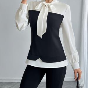 TEMU 1pc 우아한 하이넥 컬러 블록 셔츠, 리본 디테일, 폴리에스터 95% 엘라스탄 5%, 직조 단색, 봄 시즌 성인 셔츠