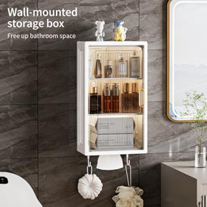 TEMU 벽걸이형 플라스틱 수납 상자 | 접이식, 방진 및 방수, 욕실 및 주방에 적합, 투명 도어, 화장품 및 필수품을 위한 튼튼한 정리함, 선반