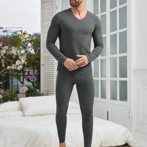TEMU 남성용 보온 속옷 세트, V넥 기모 안감 보온 세트, 두꺼운 베이스 속옷, 가을 의류 및 바지 세트