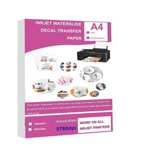 TEMU 10장의 A4 잉크젯 워터슬라이드 데칼 전사지 - 고해상도, 흰색/투명, 8.27x11.7인치, 모든 잉크젯 프린터와 호환 가능, DIY 프로젝트 및 상업용으로 완벽함, 다용도 전송 | 광택 마감 | 고해상도 인쇄