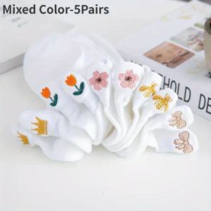 TEMU 5쌍 여성용 여름 자수 로우컷 양말 - 통기성 좋은 편안한 발목 양말, 꽃과 나비 디자인, 화이트 & 블랙, 봄/가을용, 귀여운 양말, 캐주얼 신발, 장식 자수, 내구성 있는 소재