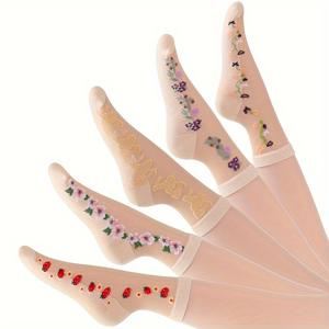 TEMU 5켤레 봄 여름 얇은 여성 통기성 미드 튜브 양말, 살구 자카드 다재다능 여성 양말