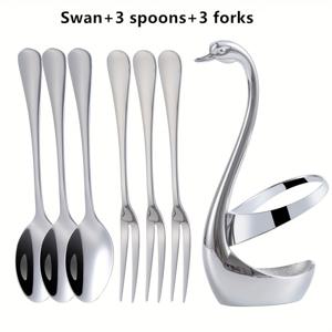 TEMU 7개 세트, 스테인리스 스틸 커피 스푼 및 디저트 포크 조합, 과일 포크 및 달콤한 달고비 포크, 케이크 스푼이 포함된 창의적인 스완 장식 보관 세트, 가정용, 호텔, 모임 및 파티에 적합, 5.86인치, 은색