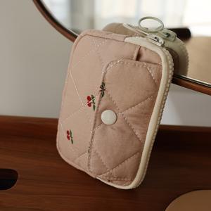 TEMU 플로럴 체리 다기능 수납 가방 휴대용 소지품 지갑 카드 포장 핑크 귀여운 프린트