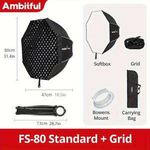 TEMU Ambitful FS40 소프트박스, 다양한 40cm, 60cm, 80cm 사이즈로 제공, 깊은 입구의 팔각형 보웬 마운트로 빠른 설치 설계, Godox 스튜디오 플래시 조명에 적합 (조명 미포함)