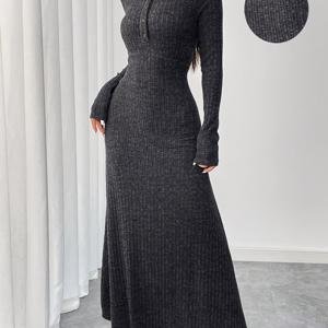 TEMU 우아한 버튼 디테일이 돋보이는 패셔너블 바디콘 드레스, 긴소매 롱드레스 가을 겨울용