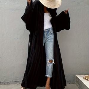 TEMU 여성용 플러스 사이즈 단색 수영복, 허리 주름 잡아주는 숄과 긴소매, 기모노 스타일|래시가드