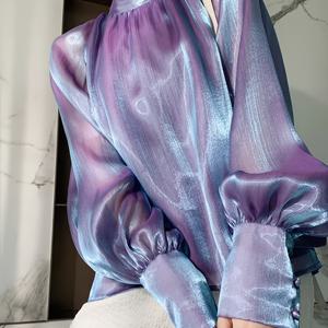 TEMU 펑슬 소매, 하이 칼라, 빈티지 넥라인, 타이 디테일이 돋보이는 우아하고 패셔너블한 긴팔 셔츠