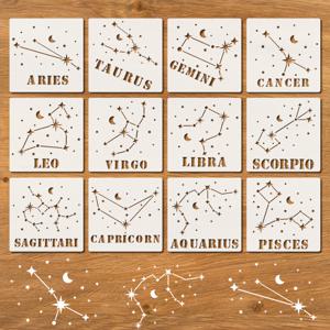 TEMU 12개 별자리 스텐실 세트, 5.91인치 재사용 가능한 달과 반짝이는 별 페인팅 템플릿, 암석 및 벽에 조각 페인팅에 적합, 캔버스 스프레이 페인팅 스텐실