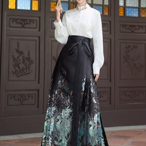 TEMU 아름다운 중국 스타일 한푸 스커트 - 파란색 말 얼굴 디자인, 높은 허리, 빈티지 꽃 프린트, 플리츠 긴 스커트, 레이스업 디테일, 무대 공연 및 일상 착용용, 무대 공연 의상 | 전통 의상 | 폴리에스테르 재질