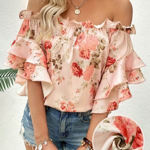 TEMU 여성용 플로럴 오프숄더 러플 탑 - 핑크색으로 피치색과 녹색 플로럴 프린트가 있는 반팔, 봄/여름에 완벽한 캐주얼 여름 탑|플로럴 프린트 탑|러플 디테일 탑