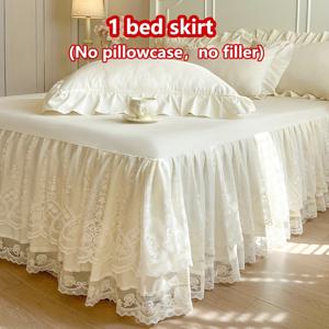 TEMU 1개 솔리드 컬러 라이트 베이지 브러시드 + 엑스트라 두꺼운 더블 레이어 자카드 침대 스커트 세트, 1개의 침대 스커트만 포함 (베개 커버 및 베개 미포함), 사계절 사용 가능, 뒷면 탄성 스트랩으로 미끄럼 방지, 다층 레이스 트림, 스타일리시하고 우아한 디자인, 흡습 속건, 통기성, 주름 방지, 소음 감소. 쉽게 탈부착 가능한 매트리스 커버