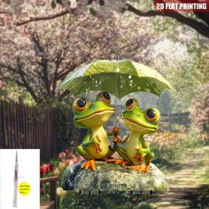 TEMU 2D 플랫 - 정원용 막대에 우산을 든 플라스틱 개구리 한 쌍이 특징인 2D 플랫 디자인 - 내후성 야외 장식, 생생한 녹색 개구리 디자인, 그리고 앞마당을 위한 튼튼한 접지 막대