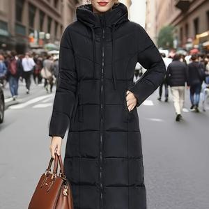 TEMU 여성용 긴 블랙 후드 재킷 - 고품질 무광 엔드, 내구성 좋은 방풍 소재, 풀 지퍼, 넉넉한 사이드 포켓을 특징으로 하는 두꺼운 겨울 트렌치 코트. 고급스러운 스타일로 극한의 추운 날씨에 적합.