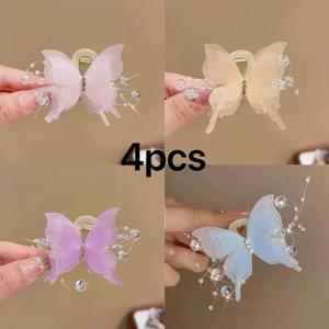 TEMU 4개 세트 나비 버블 소형 클립 헤어핀, 고급 반짝이 라인스톤과 오간자 끈 새로운 스타일 리본 번핀, 악어 턱 디자인 여성용
