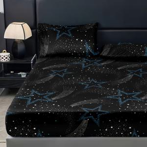 TEMU 로맨틱 별이 빛나는 하늘 매트리스 프로텍터 3종 세트, 매트리스 시트 겸용 침대 시트 세트, 매트리스 시트 1개 + 베개 커버 2개 포함, 충전재 없음, 사계절용, 가정, 게스트하우스, 호텔용, 홈 텍스타일 침구, 트윈/풀/더블 사이즈