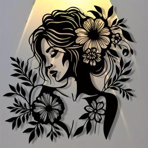 TEMU 1개, 꽃 장식 및 잎사귀로 둘러싸인 아름다운 여성을 묘사한 금속 실루엣, 꽃 장식 및 잎사귀로 둘러싸인 아름다운 여성을 장식하는 장식용 걸이 장식품, 가정용 벽 장식 걸이, 침실 조각 벽 장식