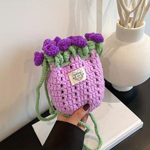 TEMU 여성용 크로스백 - 달콤하고 사랑스러운 꽃 핸드메이드 니들 훅 직조 백, 한국 스타일 신상 대비 컬러 버킷백, 니치 디자인 심플, 쇼핑용 휴대폰 가방