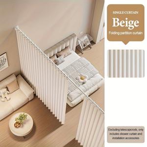TEMU 1개 베이지색 접이식 문 커튼 | 폴리에스터, 방수, 트렌디한 물결 접이 스타일, 다양한 방 유형에 적합, 코드 없음, 후크 & 링 걸이, 모던 홈