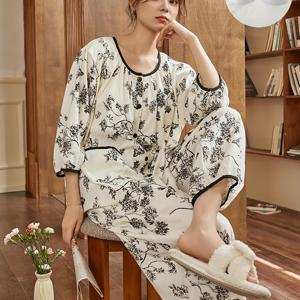 TEMU 여성용 캐주얼 파자마 세트, 내장 브라 포함 한국-일본 스타일 루즈핏 3/4 소매 & 7/8 팬츠 셔츠 - 여름/가을용, 4가지 사이즈 제공