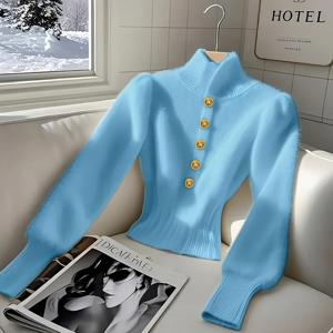 TEMU BK0706063 신상 솔리드 컬러 하프 오픈 칼라 우아한 버튼 풀오버