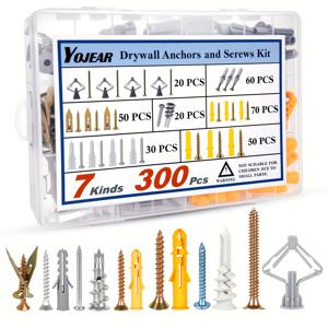 TEMU 7가지 종류의 석고보드 플라스틱 앵커 300개 및 셀프 태핑 나사, 벽돌, 콘크리트, 석조 확장 앵커 키트 구매 (가정 장식, 건설 및 건축 하드웨어용) | 내구성 좋은 플라스틱 앵커 | 셀프 태핑 나사
