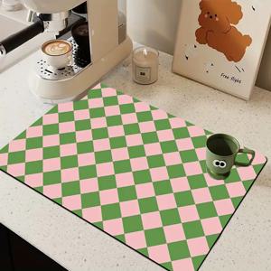 TEMU 1개 - 핑크 & 그린 체크 무늬 프린트 폴리에스터 규조토 물티슈 재질 식기 건조 매트, 미끄럼 방지 고무 바닥, 뛰어난 흡수력의 조리대 매트, 식기용, 다기능 주방 매트, 커피 머신, 머신에 적합